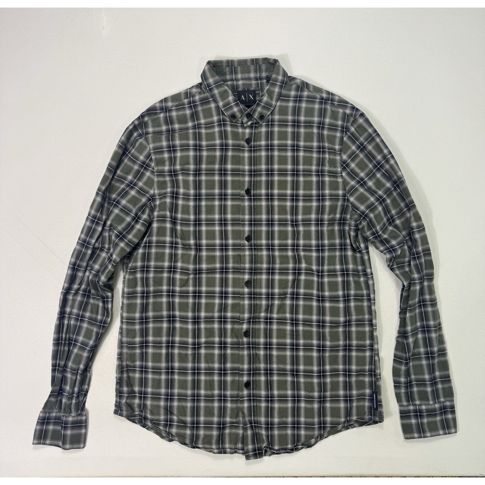 Armani Exchange AX Mens Small Regular Fit Green Grey Plaid Button Down Shirt